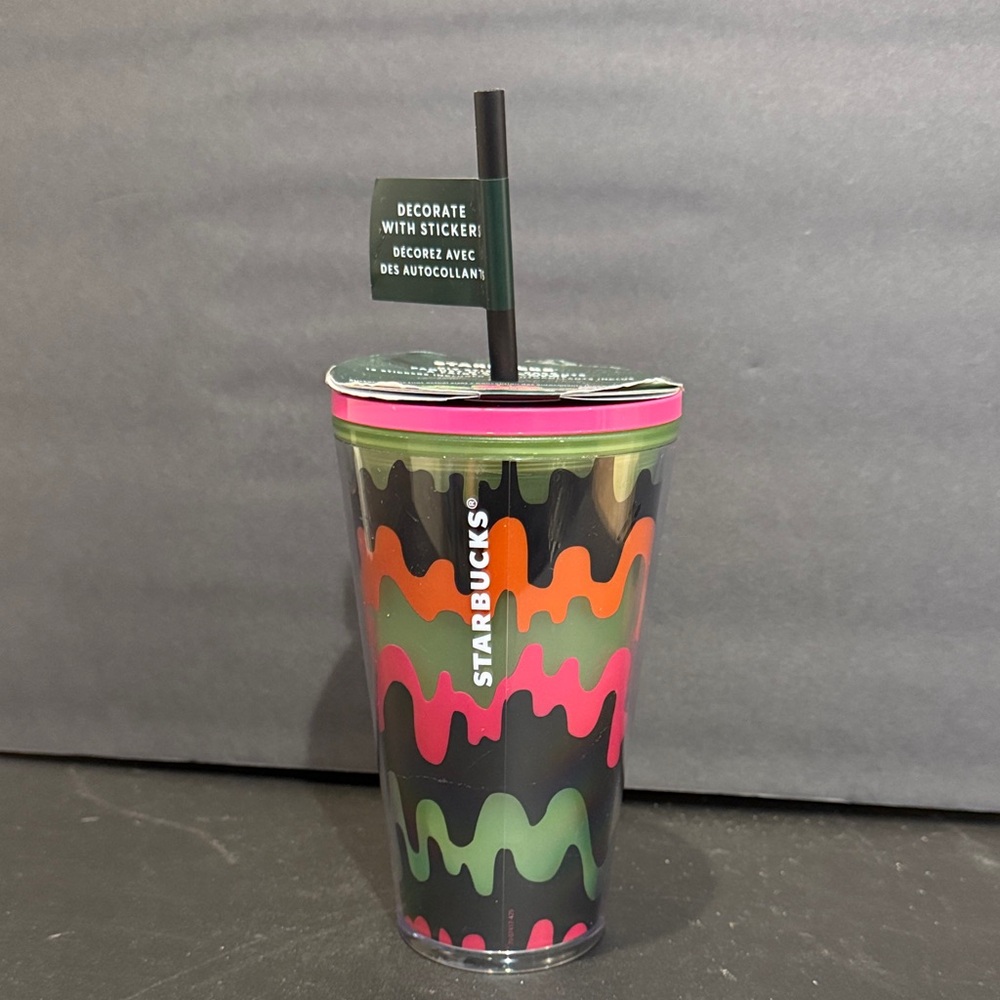 2023 Starbucks Glow in the Dark Sticker Multicolor Drippy Tumbler with Straw NWT
